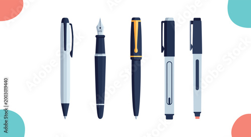 Selection of different writing instruments including a ballpoint pen, fountain pen, and felt tip markers.