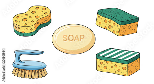 Set of cleaning tools including various sponges, a bar of soap, and a scrubbing brush on a white background.