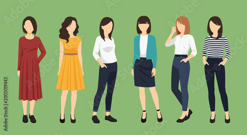 Group of six women standing together wearing various stylish and modern casual outfits and hairstyles.