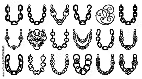 Collection of decorative chain necklace designs and jewelry elements for fashion and accessory design