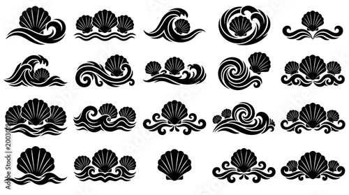 Collection of elegant black and white seashell and wave graphic elements for decorative design and ocean themes