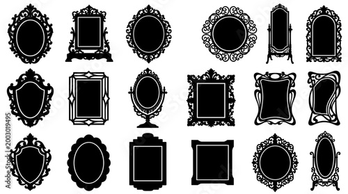 Collection of decorative ornate black mirror frames in various shapes and styles isolated on white background graphic resources