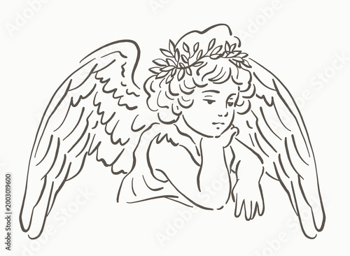 Bild auf Leinwand Elegant Rococo Style Cupid Angel Line Art Illustration, Vintage Cherub Vector Dr