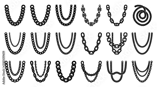 Collection of various chain necklace designs and styles isolated on white background, jewelry elements for fashion and design
