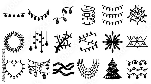 collection of christmas lights and festive decorations in black outline style for holiday celebrations and seasonal design elements