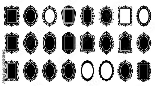 Collection of ornate decorative picture frames and borders in various shapes and styles, isolated on a white background, graphic design elements