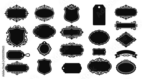 Collection of diverse black ornate decorative frames and labels for design elements and graphic resources