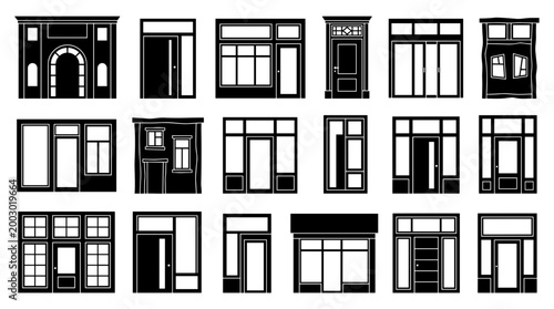 Collection of diverse storefronts and shop entrances showcasing various architectural styles and designs for commercial spaces