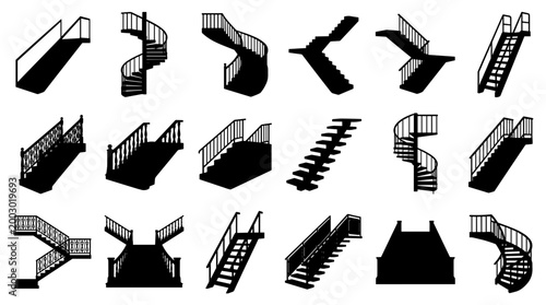 Collection of diverse staircase silhouettes illustrating various architectural designs and construction styles for buildings and interiors
