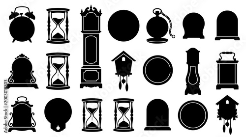 Collection of vintage and modern clock silhouettes including alarm grandfather hourglass and cuckoo clocks representing time and history