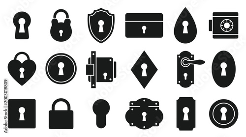 Collection of diverse security lock and keyhole icons representing safety and protection in a modern graphic design