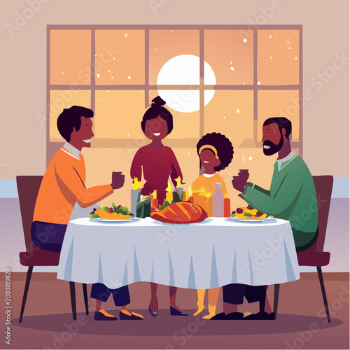 Family enjoying a meal together at a table during sunset with gathering