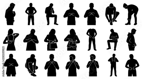 Collection of diverse people silhouettes in various daily activities like dressing up getting ready and personal care demonstrating routine and preparation for the day