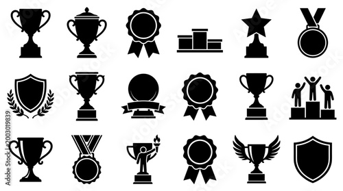 Collection of black silhouette icons representing awards trophies medals and recognition symbols for achievement and victory celebration