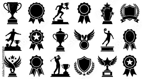 Collection of Black Silhouettes Representing Victory Achievement and Sports Trophies Awards Medals and Ribbons on White Background