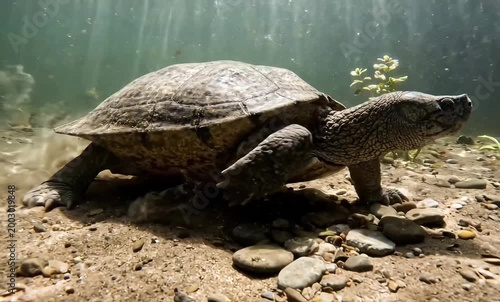 An aquatic turtle walks deliberately across the sandy river bottom, its shell showing intricate patterns.