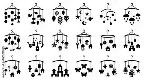 Collection of baby mobile icons featuring diverse shapes and themes like animals, stars, and houses, perfect for nursery decor and children's products.