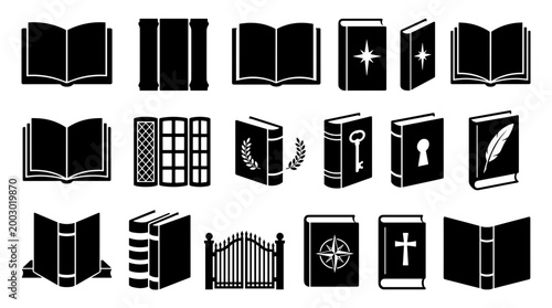 Collection of black book icons representing knowledge learning and education symbols for graphic design and web use