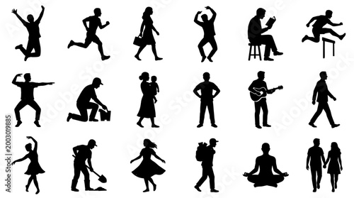 Diverse human silhouettes engaged in various activities like running dancing working and relaxing representing lifestyle and human actions