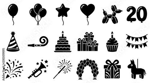Celebration icons set with balloons cake party hat confetti trumpet fireworks and gift boxes for birthday party and festive events