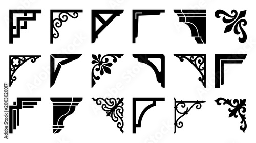 Collection of decorative corner brackets and architectural elements in black silhouette, perfect for design and ornamentation