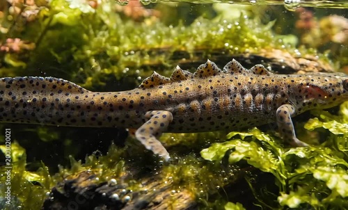 A newt with a spiny back rests on mossy rocks and green aquatic plants in shallow water.