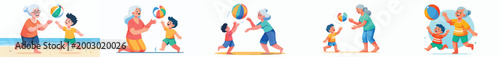 vector of grandma and grandchild playing beach ball during summer