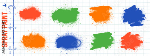 Spray shape colorful paper spots with school text box on grid notebook. Trendy spray graffiti shapes for education and kindergarten planner. Bold vector shape elements with childish pastel ink set.