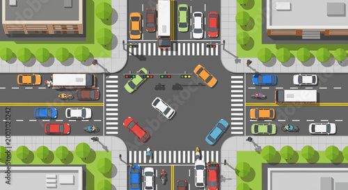 Busy City Intersection with Traffic Jam and Cars