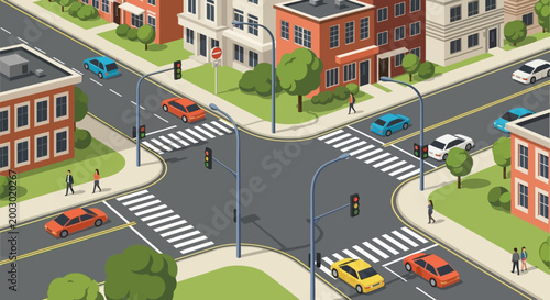 Busy City Intersection with Traffic Lights, Cars, and Pedestrians
