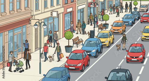 Busy City Street Scene with Pedestrians, Cars, and Shops