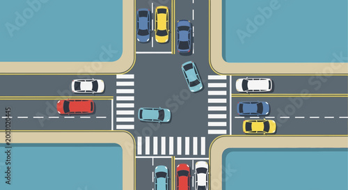 Busy Intersection Traffic Flow with Cars and Crosswalks