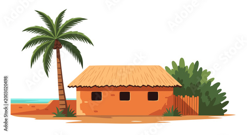 Vector illustration of a tropical beach hut with a palm tree and lush green foliage, set against a vibrant blue ocean backdrop, perfect for travel and vacation themes