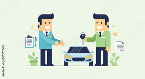 Car Sale Transaction: Man Handing Over Keys to Buyer, Agreement Document