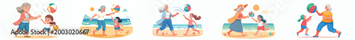 vector of grandma and grandchild playing beach ball during summer