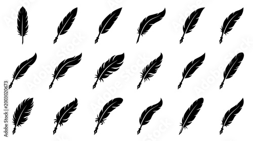Collection of elegant black quill pens isolated on white background representing writing creativity and classic communication