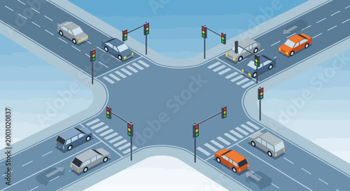 Crossroads Intersection with Traffic Lights and Cars, Urban Roadway Junction