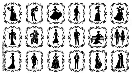 Vintage Silhouette Collection of Elegant People in Formal Attire Dancing and Socializing at a Ballroom Event