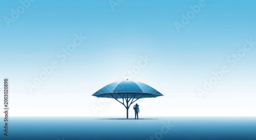 Minimalist blue landscape with a person under a large umbrella, symbolizing protection and solitude