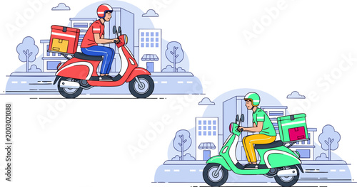 Delivery courier riding scooter with food box, fast shipping service on motorbike, express delivery man on moped in city street vector illustration