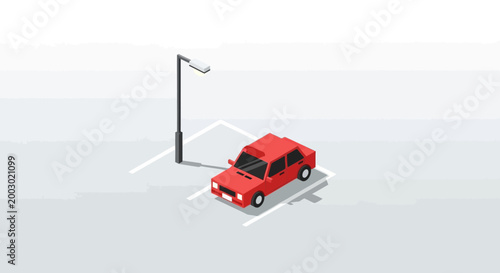 Red car parked under street lamp in empty parking lot, isometric view