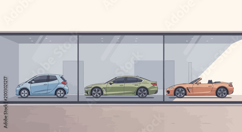 Three cars in a showroom: hatchback, sedan, and convertible, modern design