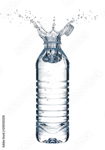 Clear water bottle with droplets spilling out, perfectly isolated on transparent background