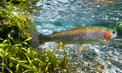 A vibrant rainbow trout swims strongly near lush green underwater plants and colorful river stones.