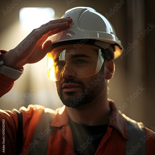 Construction Worker Adjusting Helmet in Sunlight