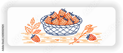 Hand drawn blackberry basket illustration with leaves on wooden surface