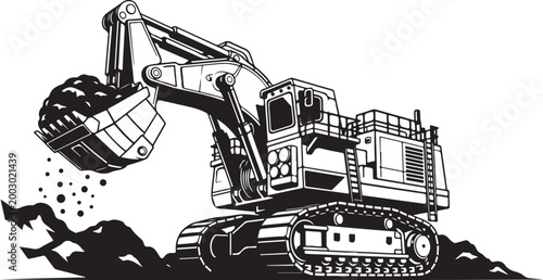 Heavy duty excavator, construction equipment, industrial machine, black and white vector