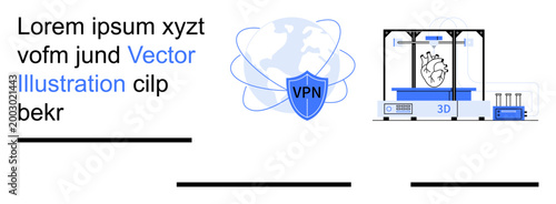 Data security, innovation, healthcare, 3D printing, remote protection, advanced tech. VPN shield with global icon, 3D printer creating a heart. Data security and technological innovation concept