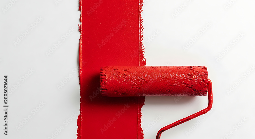 Obraz premium A red paint roller applies a vibrant stripe on a white wall surface.