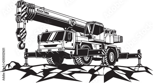 Black and white construction crane, truck mounted crane, heavy equipment, industrial vehicle, vector illustration